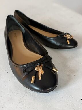 Coach Noella Black Leather Ballet Flats with Gold Charm Details Size 8B Career
